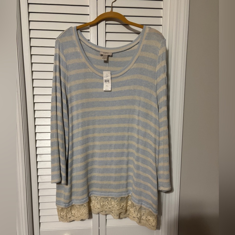 NEW LOFT Women's Light Blue and Cream Striped Long Sleeve Top